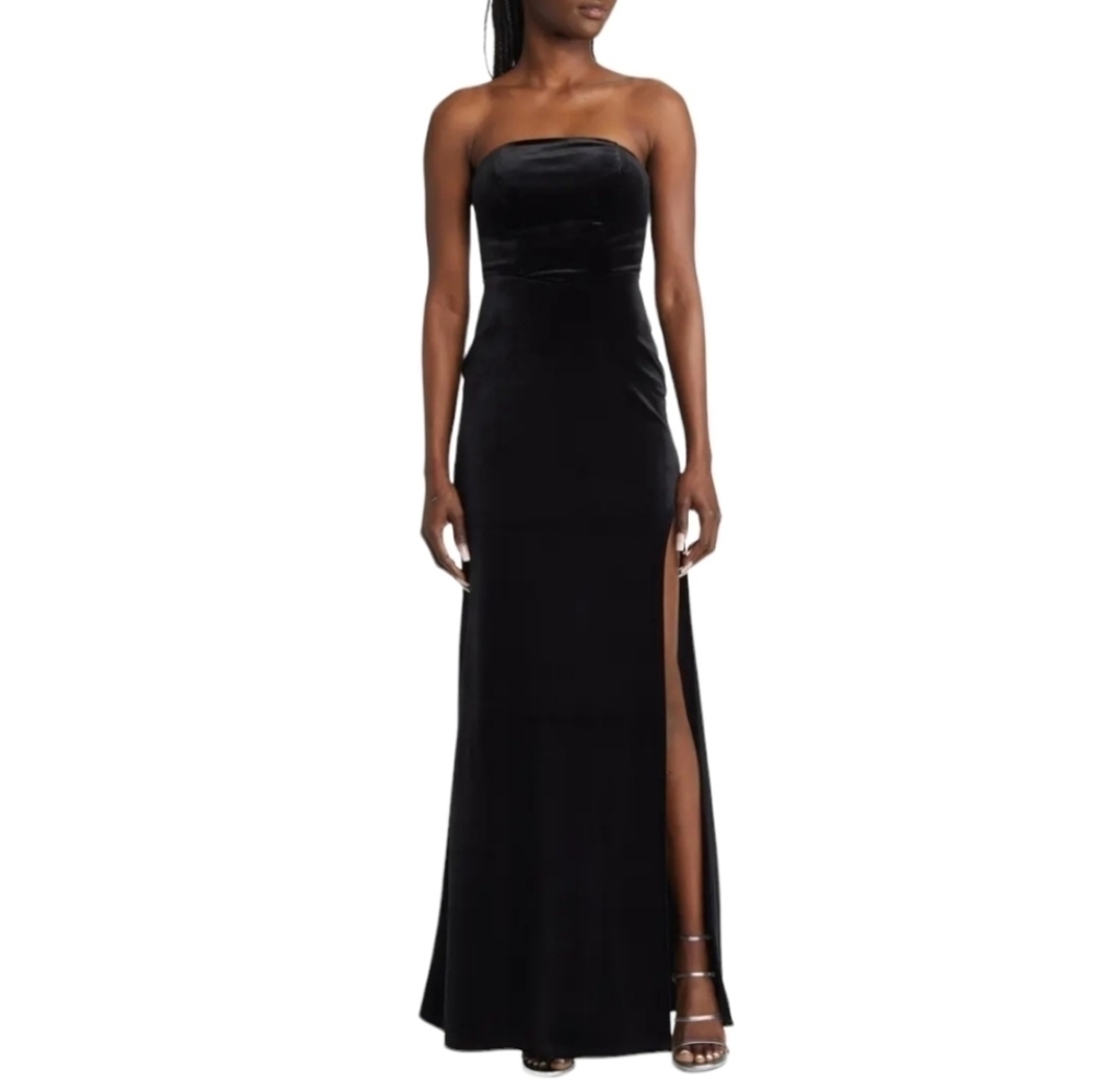 Next/up Black Velvet Strapless Maxi Dress with Slit NWT - Picture 1 of 11